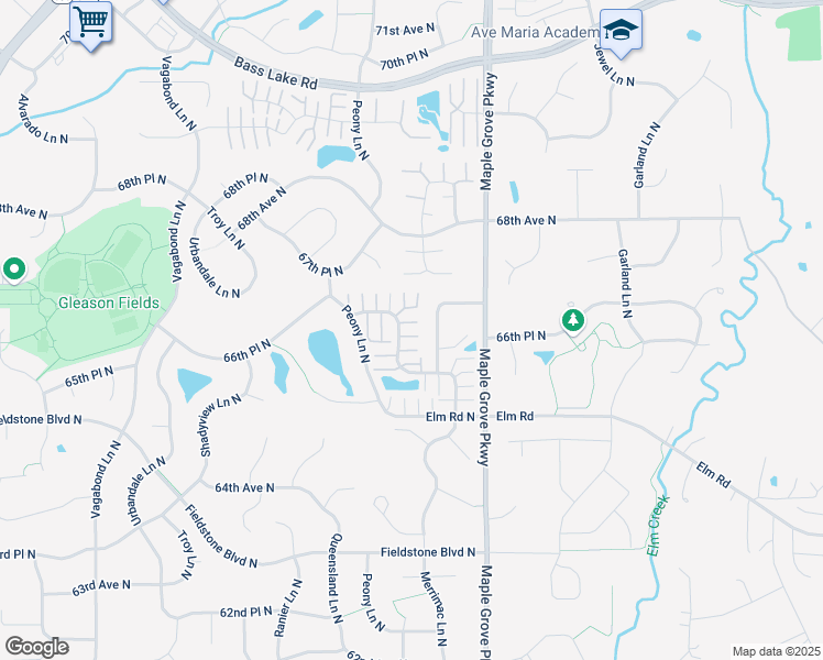 map of restaurants, bars, coffee shops, grocery stores, and more near 6590 Olive Lane North in Maple Grove