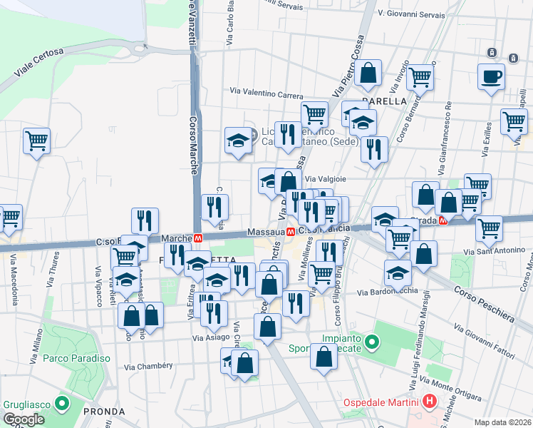 map of restaurants, bars, coffee shops, grocery stores, and more near 16-18 Piazza Massaua in Torino