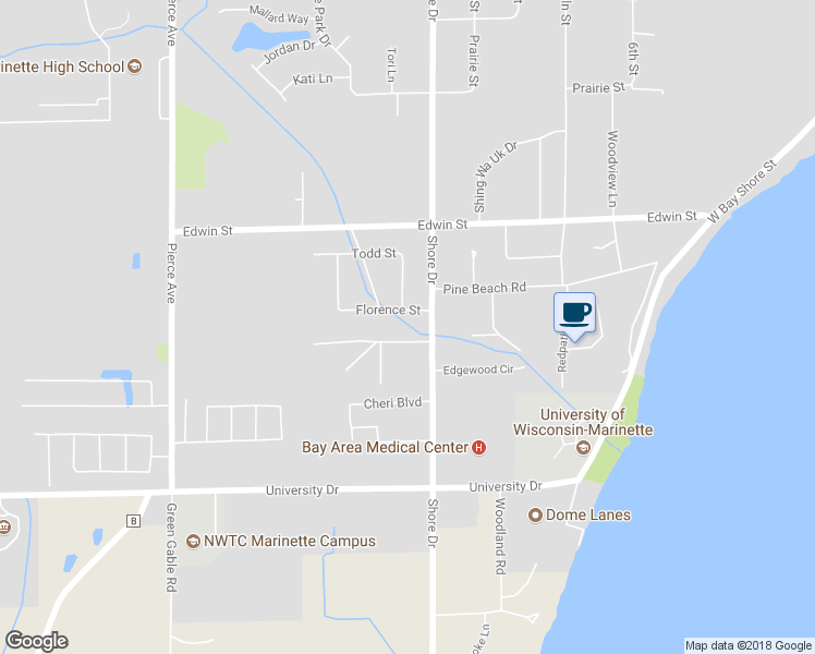 map of restaurants, bars, coffee shops, grocery stores, and more near 2813 Shore Drive in Marinette