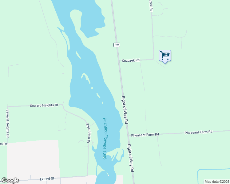 map of restaurants, bars, coffee shops, grocery stores, and more near 3215 Right of Way Road in Peshtigo