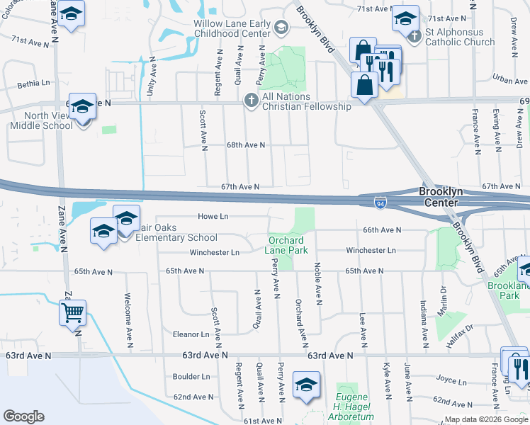 map of restaurants, bars, coffee shops, grocery stores, and more near 4901 Howe Lane in Brooklyn Center