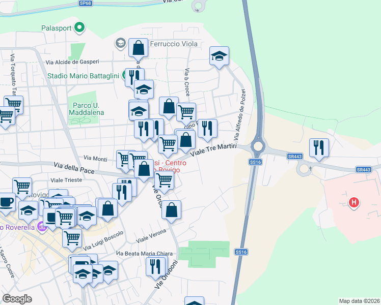 map of restaurants, bars, coffee shops, grocery stores, and more near 37 Viale Tre Martiri in Rovigo