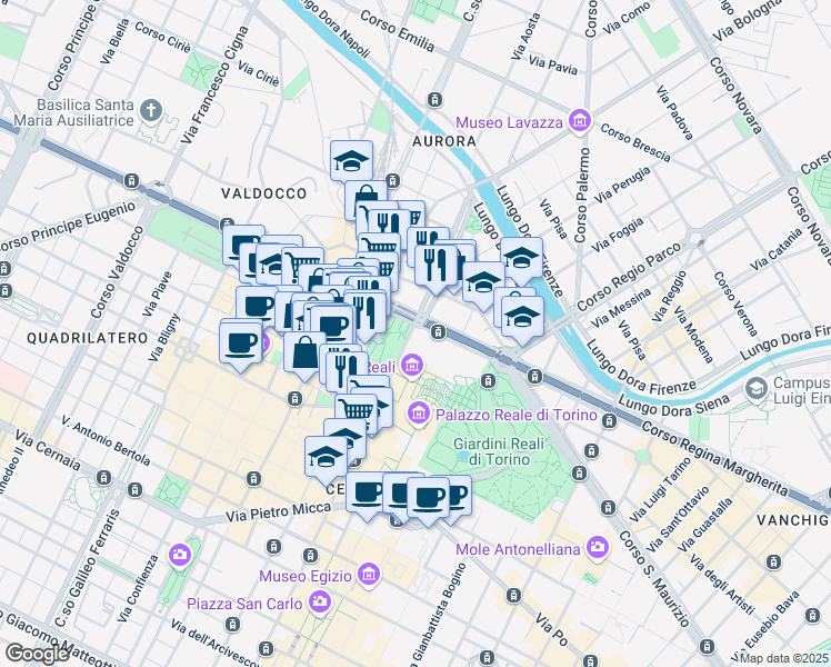 map of restaurants, bars, coffee shops, grocery stores, and more near 107 Corso Regina Margherita in Torino