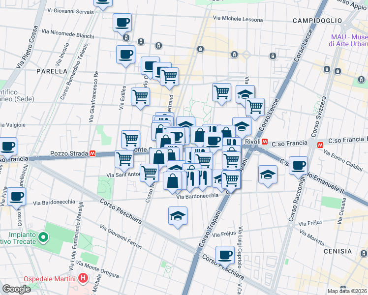 map of restaurants, bars, coffee shops, grocery stores, and more near 3 Via Beaulard in Torino