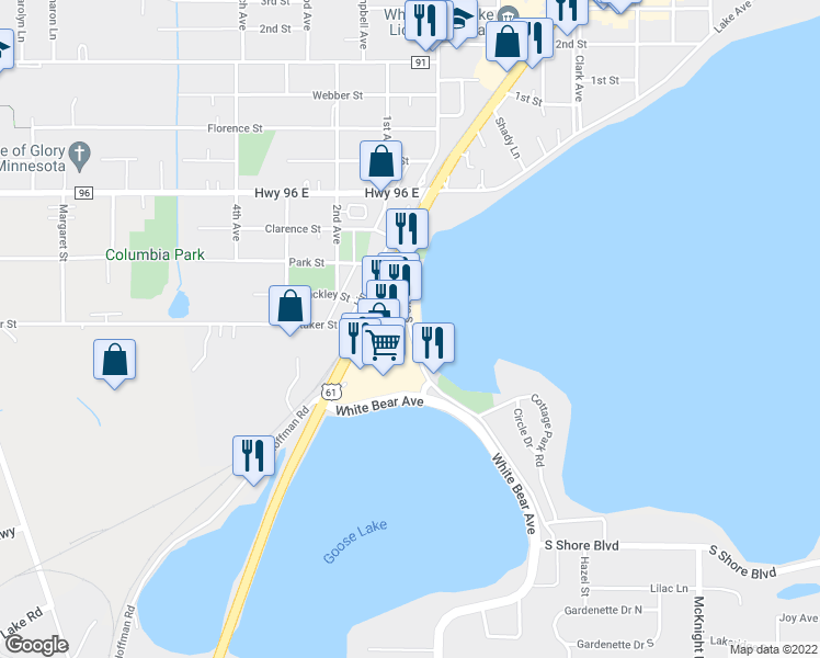 map of restaurants, bars, coffee shops, grocery stores, and more near 4385 Lake Avenue South in White Bear Lake