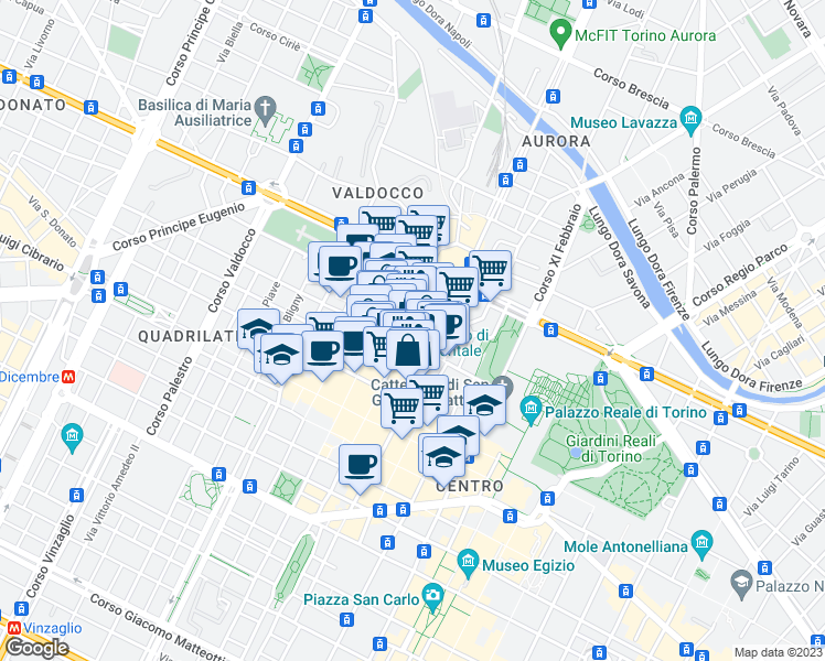 map of restaurants, bars, coffee shops, grocery stores, and more near 1 Via Santa Chiara in Torino