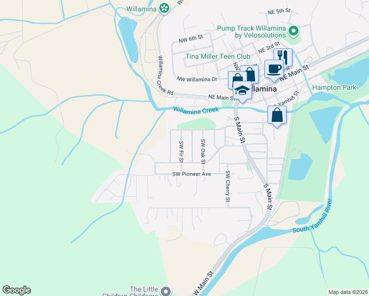 map of restaurants, bars, coffee shops, grocery stores, and more near 441 Southwest Walnut Street in Willamina