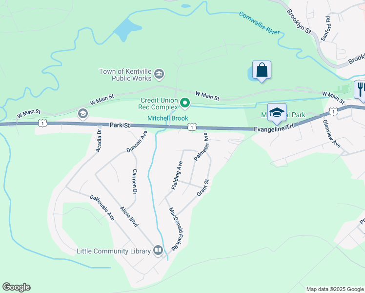 map of restaurants, bars, coffee shops, grocery stores, and more near in Kentville