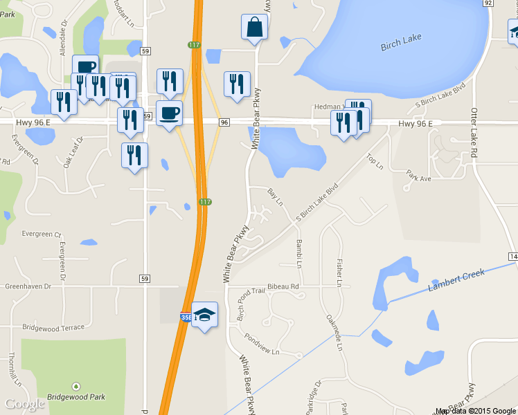 map of restaurants, bars, coffee shops, grocery stores, and more near 1240 Birch Court in White Bear Lake