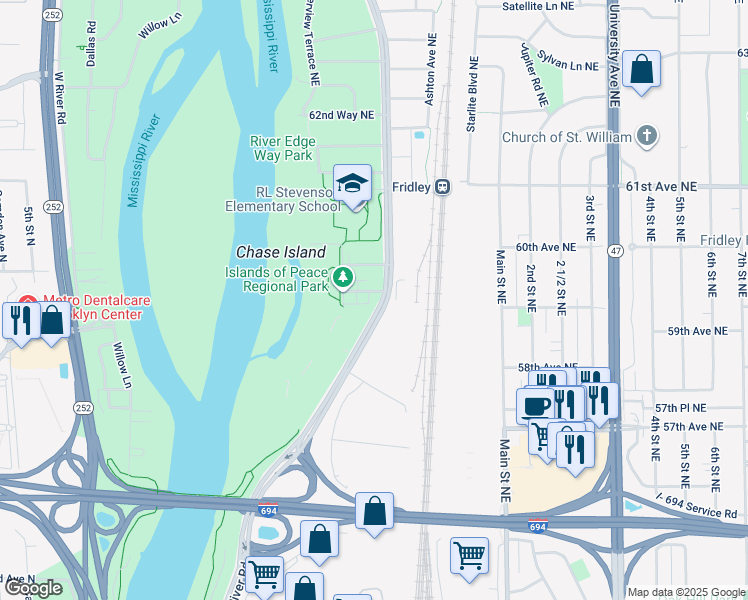 map of restaurants, bars, coffee shops, grocery stores, and more near 150 Island Park Drive Northeast in Fridley