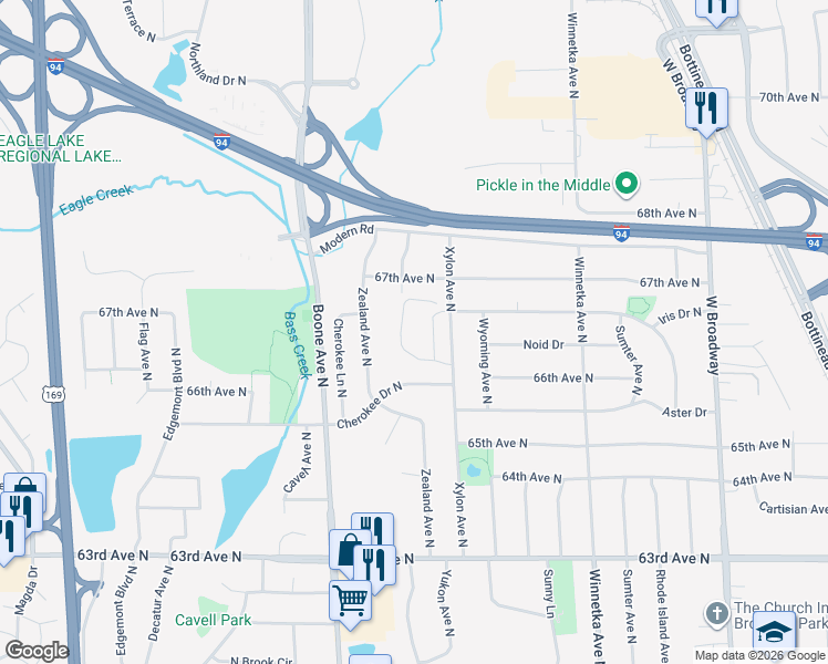 map of restaurants, bars, coffee shops, grocery stores, and more near Xylon Avenue North in Minneapolis