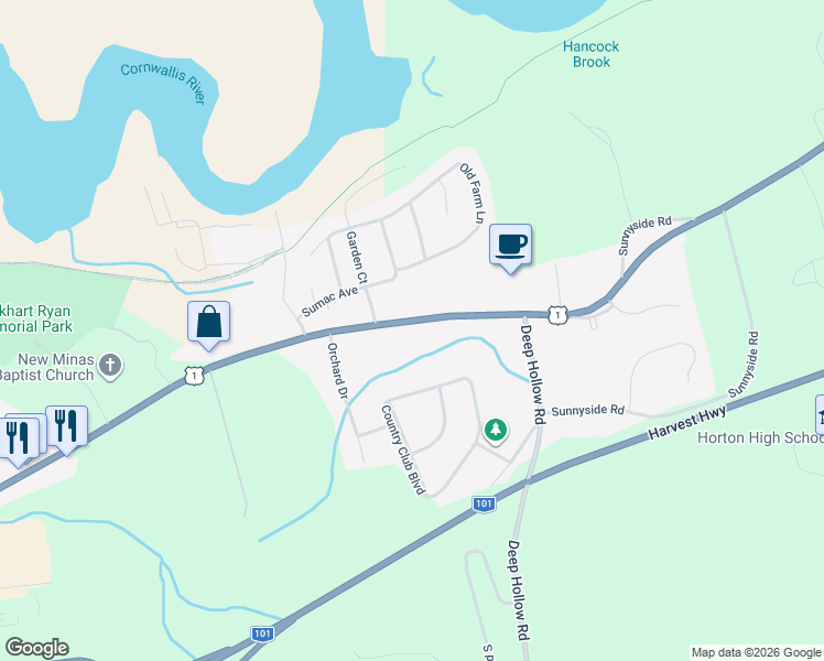 map of restaurants, bars, coffee shops, grocery stores, and more near 9630 Commercial Street in New Minas