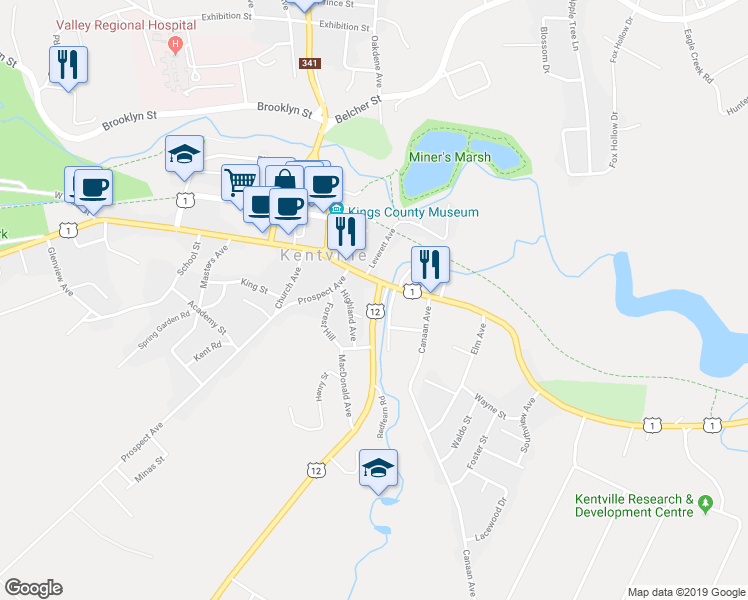 map of restaurants, bars, coffee shops, grocery stores, and more near 13 Chester Avenue in Kentville