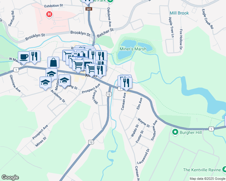 map of restaurants, bars, coffee shops, grocery stores, and more near 7 Brook Avenue in Kentville