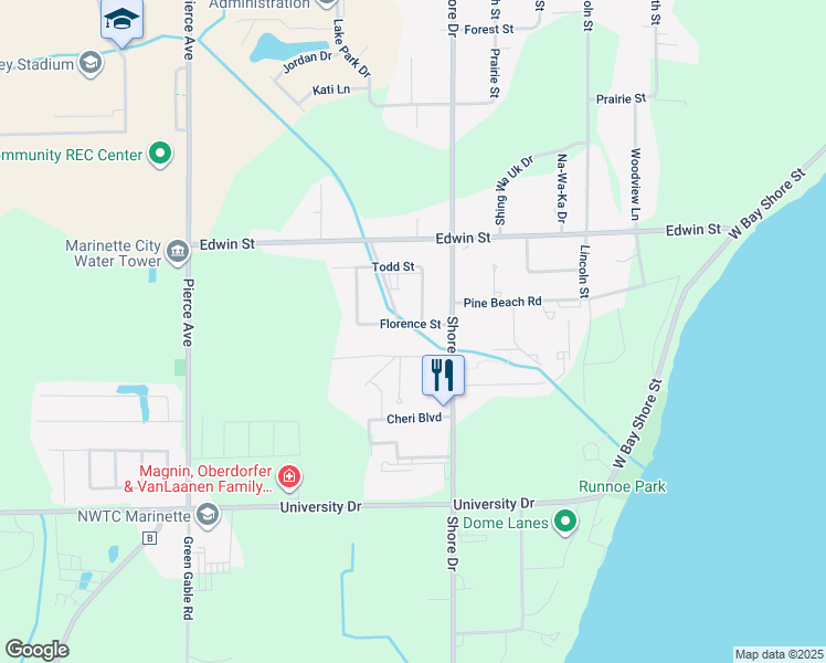 map of restaurants, bars, coffee shops, grocery stores, and more near 2813 Shore Drive in Marinette