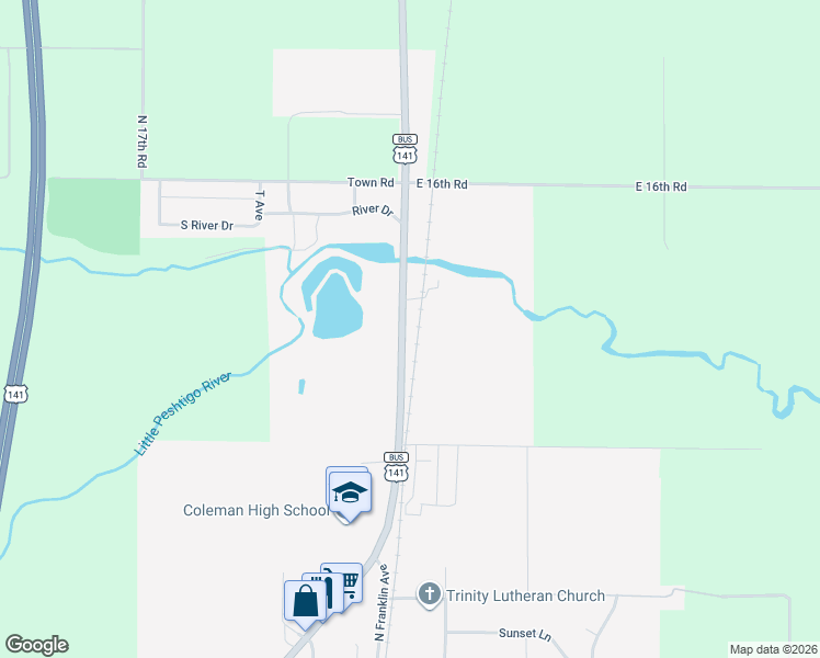 map of restaurants, bars, coffee shops, grocery stores, and more near 632 Business 141 North in Coleman