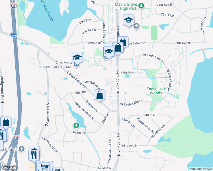 map of restaurants, bars, coffee shops, grocery stores, and more near 6608 Jonquil Way in Maple Grove