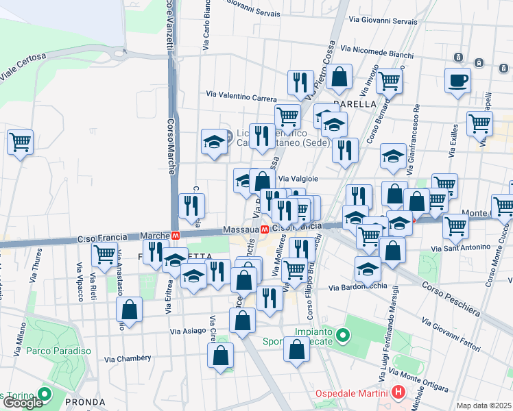 map of restaurants, bars, coffee shops, grocery stores, and more near 4 Piazza Massaua in Torino
