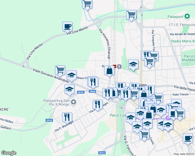 map of restaurants, bars, coffee shops, grocery stores, and more near 47 Via Gaspare Campo in Rovigo