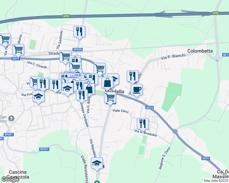 map of restaurants, bars, coffee shops, grocery stores, and more near 12 Via Giuseppe di Vittorio in Stradella