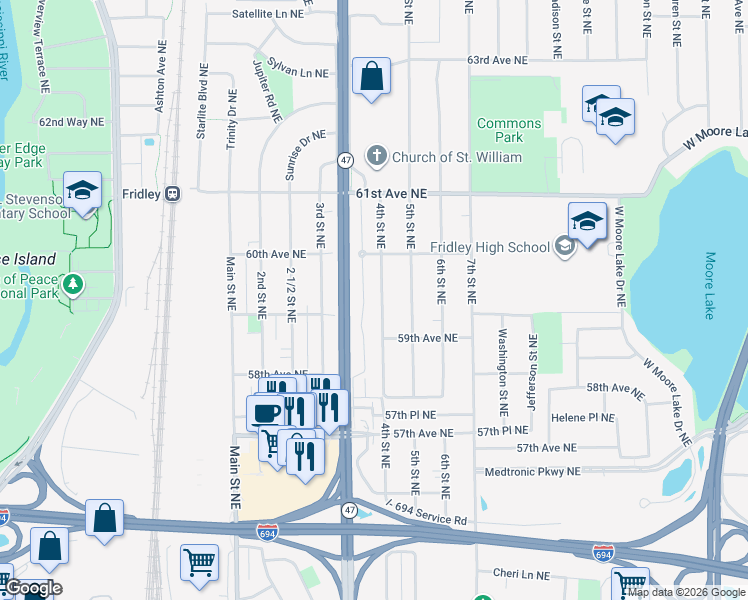 map of restaurants, bars, coffee shops, grocery stores, and more near 5905 University Avenue Northeast in Fridley