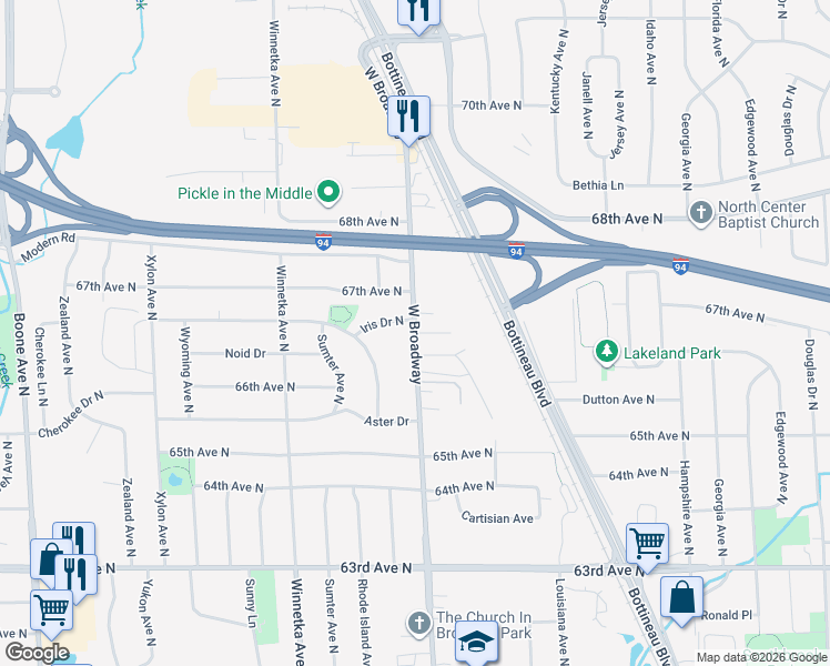map of restaurants, bars, coffee shops, grocery stores, and more near 6617 West Broadway Avenue in Minneapolis