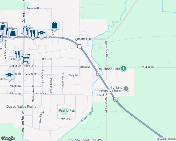 map of restaurants, bars, coffee shops, grocery stores, and more near 420 Omer Avenue Southeast in Cokato