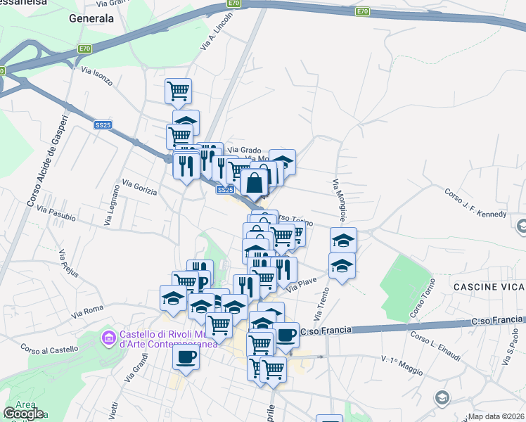 map of restaurants, bars, coffee shops, grocery stores, and more near 6 Viale Nuvoli in Rivoli