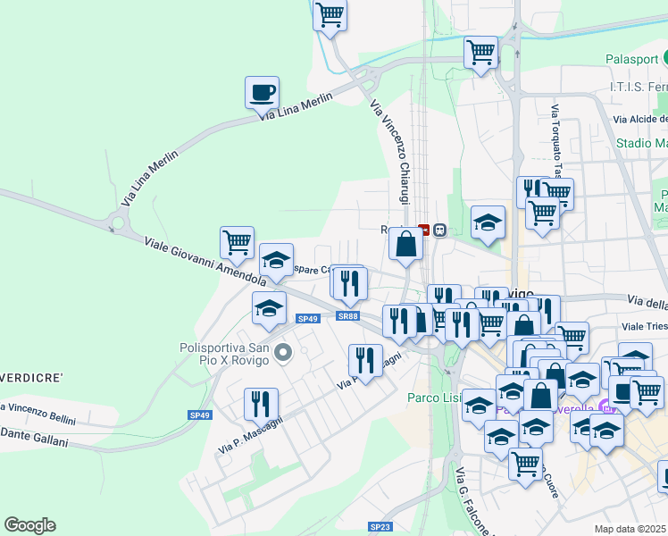 map of restaurants, bars, coffee shops, grocery stores, and more near 4 Via Luigi Galvani in Rovigo