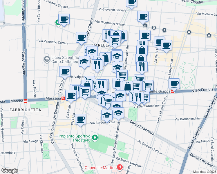 map of restaurants, bars, coffee shops, grocery stores, and more near Piazza del Monastero in Turin