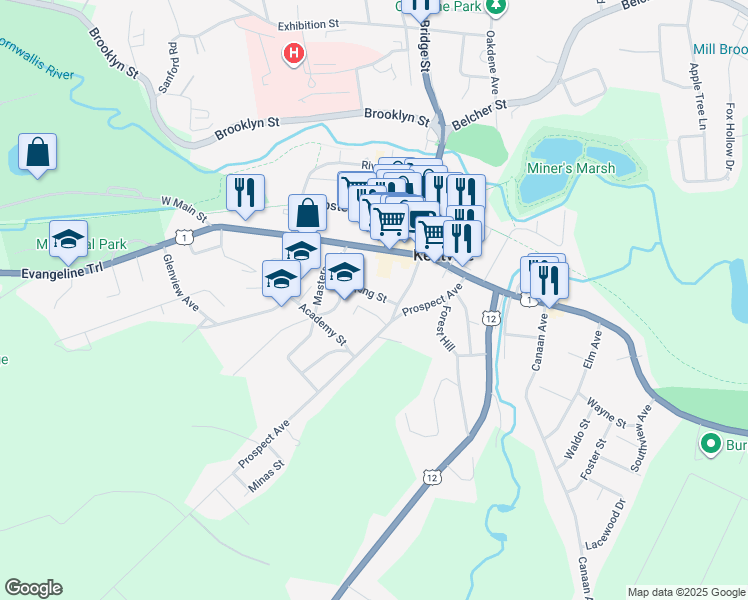 map of restaurants, bars, coffee shops, grocery stores, and more near 18 King Street in Kentville