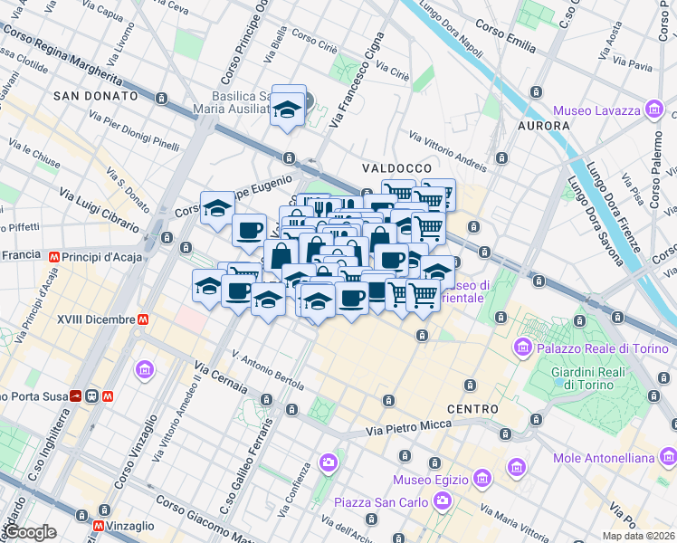 map of restaurants, bars, coffee shops, grocery stores, and more near 16 Via Piave in Torino