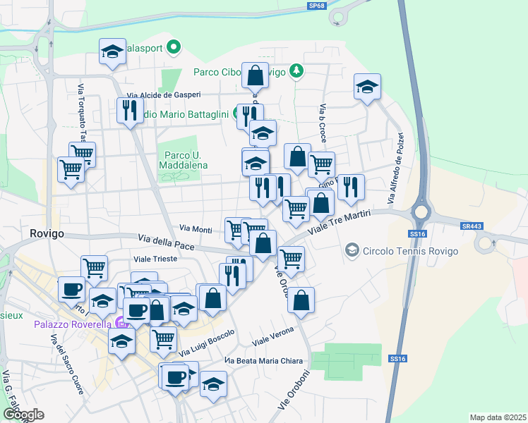 map of restaurants, bars, coffee shops, grocery stores, and more near 5 Via Gino Piva in Rovigo