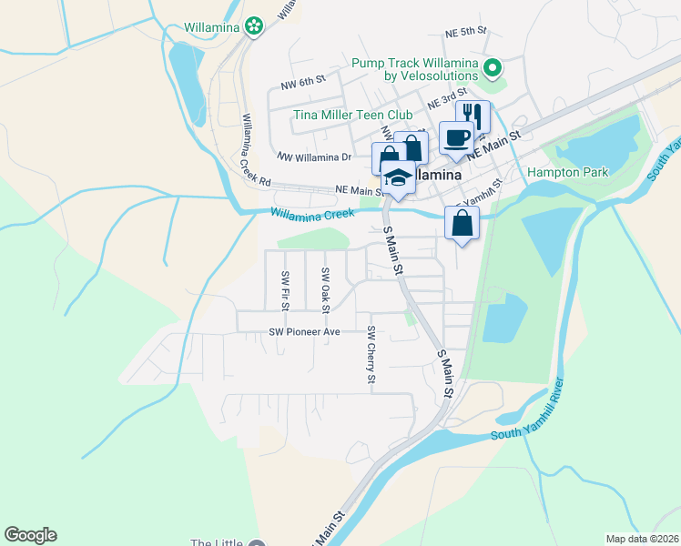 map of restaurants, bars, coffee shops, grocery stores, and more near 375 Spruce Street in Willamina