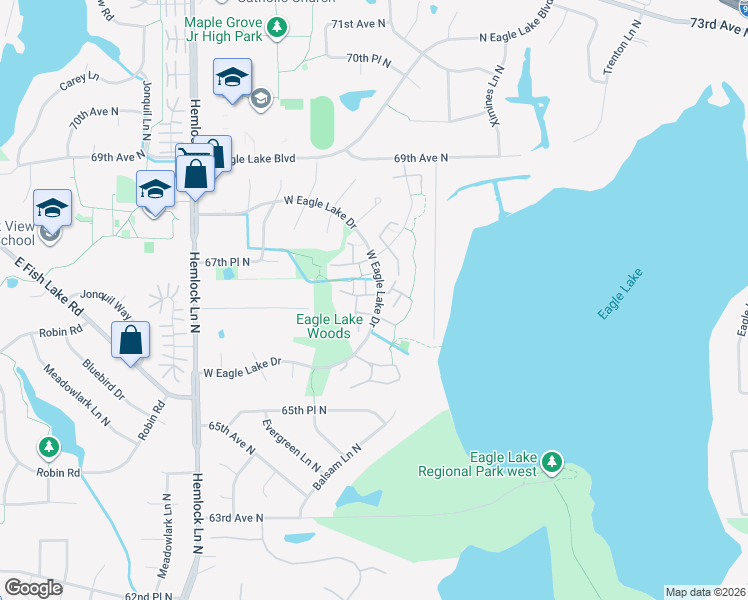 map of restaurants, bars, coffee shops, grocery stores, and more near 247 West Eagle Lake Drive in Maple Grove
