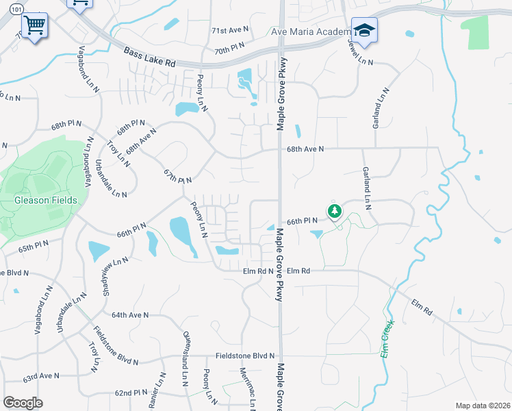 map of restaurants, bars, coffee shops, grocery stores, and more near 17658 67th Avenue North in Osseo
