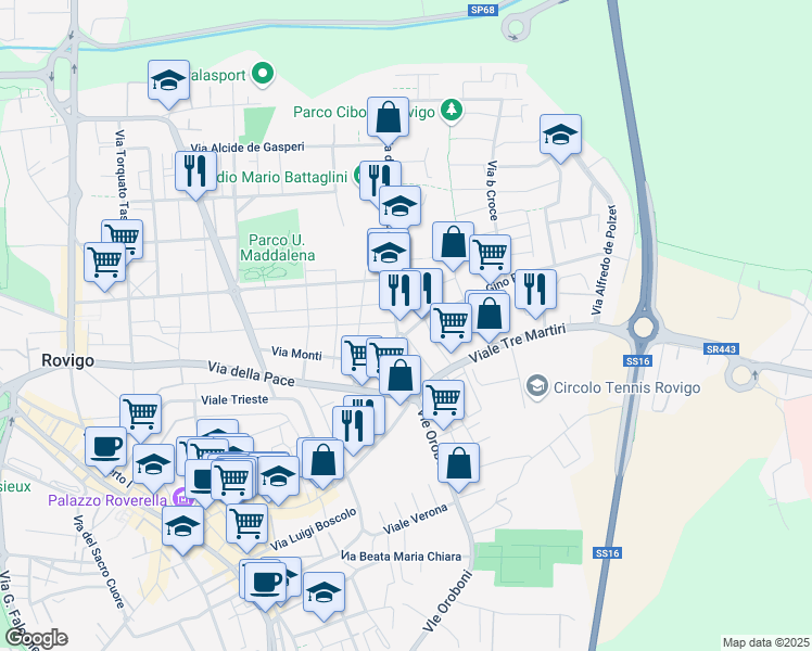 map of restaurants, bars, coffee shops, grocery stores, and more near 5 Via Gino Piva in Rovigo
