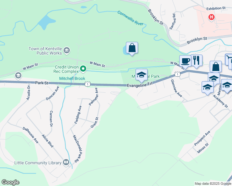 map of restaurants, bars, coffee shops, grocery stores, and more near Blanchard Fraser Place in Kentville