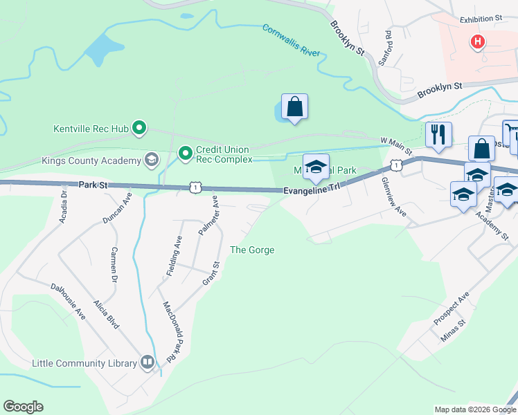 map of restaurants, bars, coffee shops, grocery stores, and more near Blanchard Fraser Place in Kentville