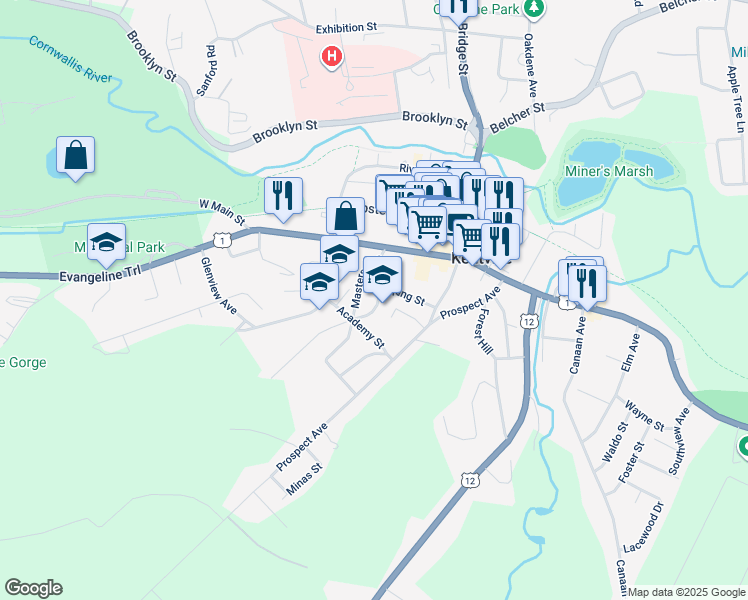 map of restaurants, bars, coffee shops, grocery stores, and more near 35 King Street in Kentville