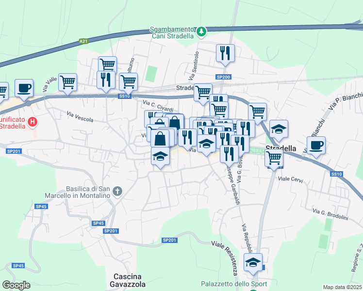 map of restaurants, bars, coffee shops, grocery stores, and more near 17 Piazza Vittorio Veneto in Stradella