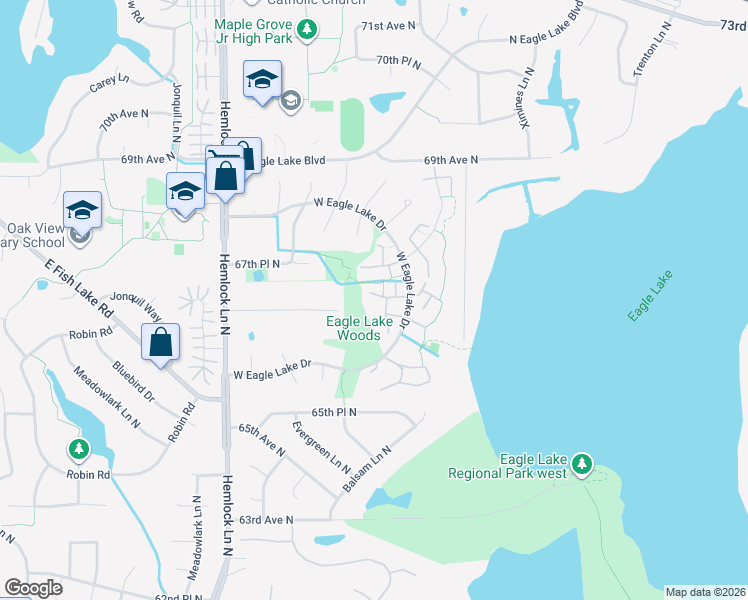 map of restaurants, bars, coffee shops, grocery stores, and more near 341 West Eagle Lake Drive in Maple Grove