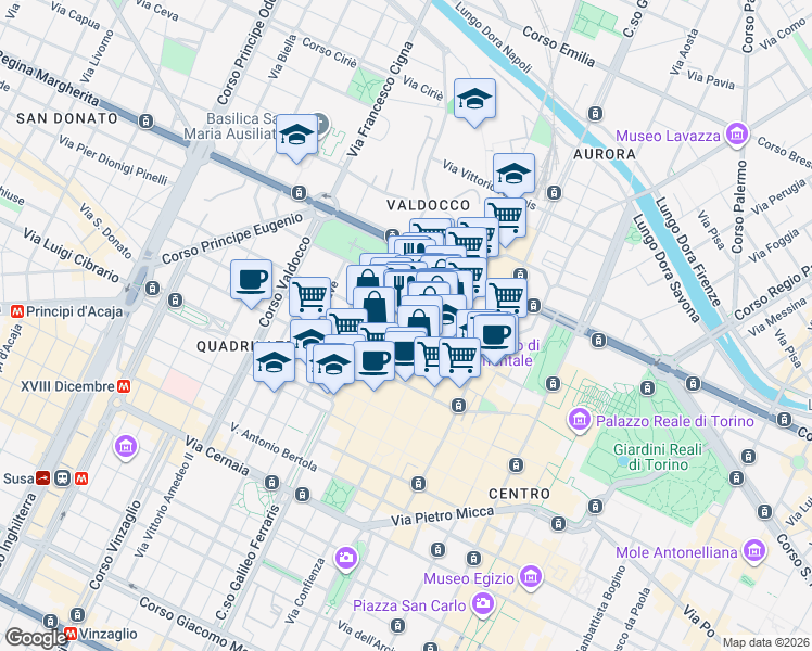 map of restaurants, bars, coffee shops, grocery stores, and more near 1880 Via delle Orfane in Torino