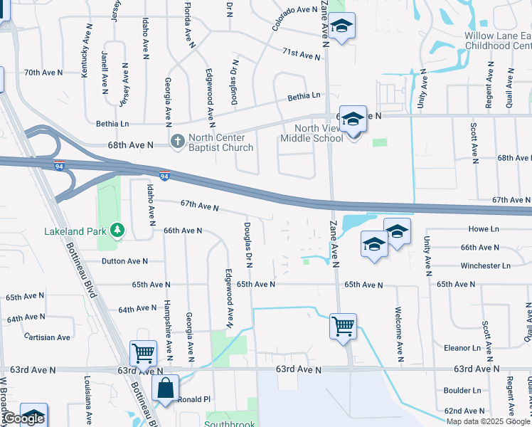 map of restaurants, bars, coffee shops, grocery stores, and more near 6250 67th Avenue North in Minneapolis