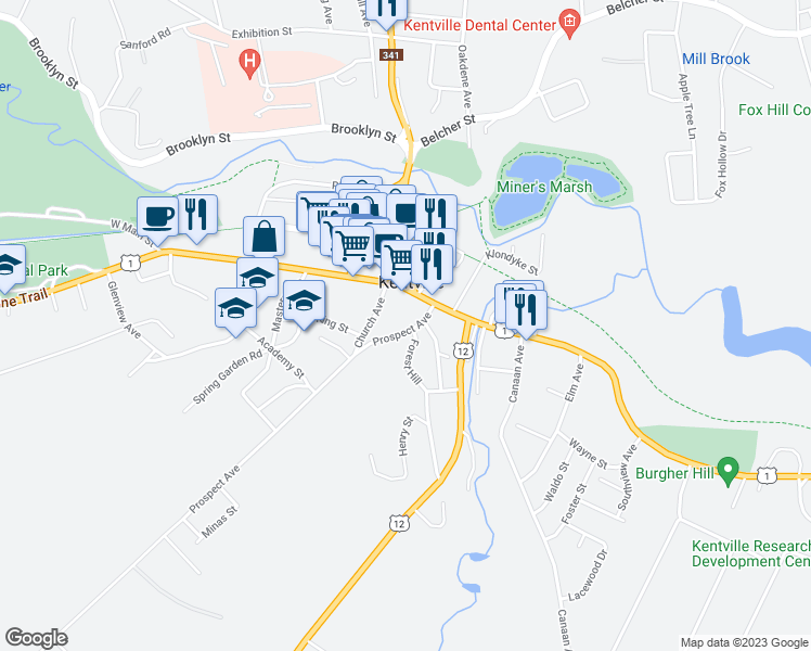 map of restaurants, bars, coffee shops, grocery stores, and more near 23 Prospect Avenue in Kentville