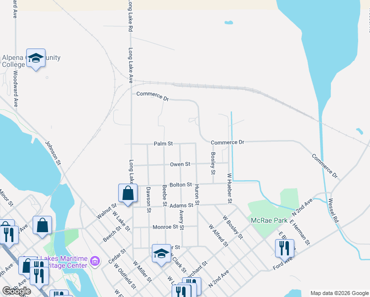 map of restaurants, bars, coffee shops, grocery stores, and more near Palm Street in Alpena