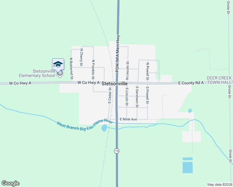 map of restaurants, bars, coffee shops, grocery stores, and more near State Highway 13 in Stetsonville