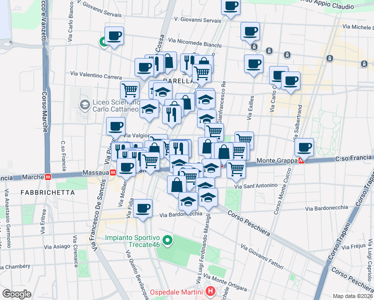 map of restaurants, bars, coffee shops, grocery stores, and more near Piazza del Monastero in Torino
