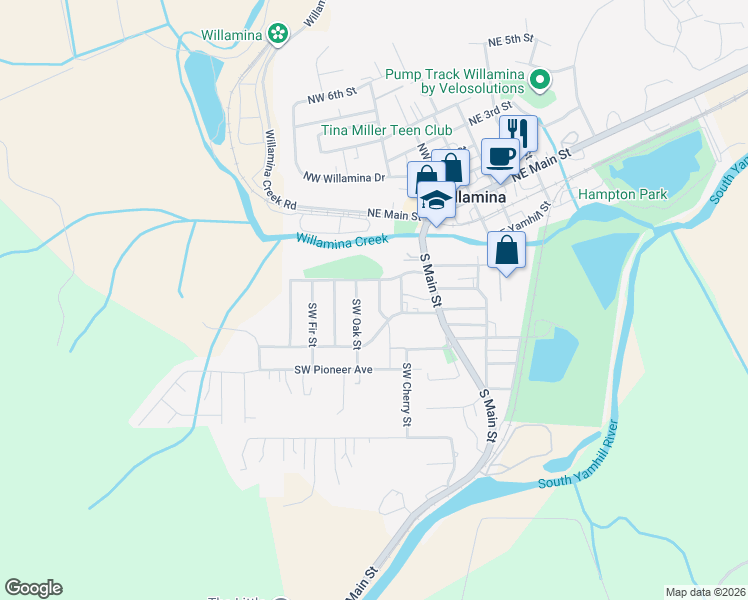 map of restaurants, bars, coffee shops, grocery stores, and more near 214 Southwest Oak Street in Willamina