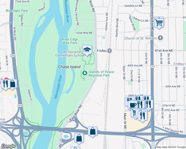 map of restaurants, bars, coffee shops, grocery stores, and more near in Fridley